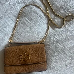 Tory Burch Tan Leather Crossbody Bag with Gold Chain